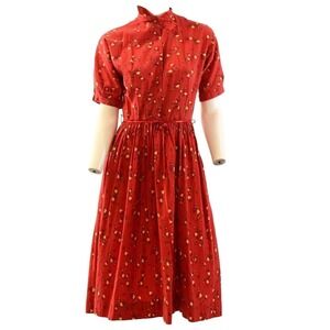 50s Vintage Red Floral Tea Dress Womens S Cotton Jewel Buttons Pleated Shirt